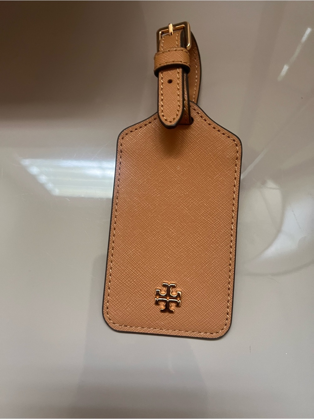 Tory Burch Tan Leather Luggage Tag with Gold Logo